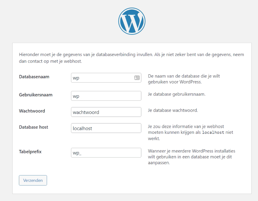 Installatie venster van WordPress